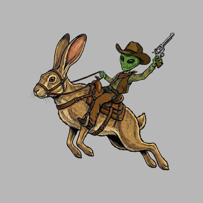 Close-up of the Alien Cowboy Jack Rabbit design on an Athletic Heather tee