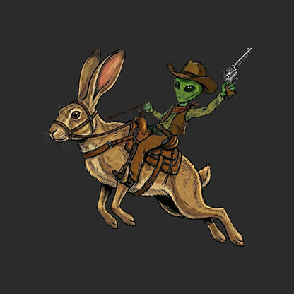 Close-up of the Alien Cowboy on a Desert Hare design on a Dark Grey Heather V-neck tee
