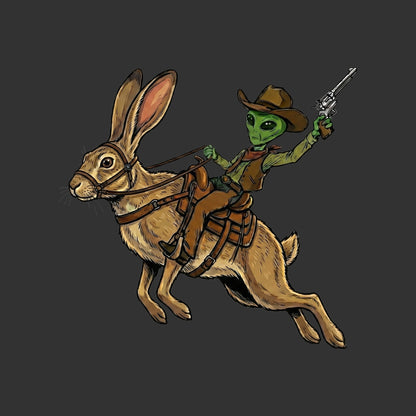 Close-up of the Alien Cowboy Jack Rabbit design on a Dark Grey Heather tee