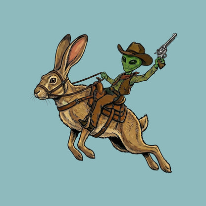 Close-up of the Alien Cowboy Jack Rabbit design on a Heather Blue Lagoon tee