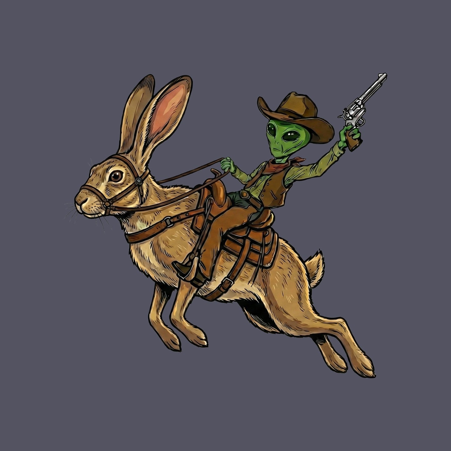 Close-up of the Alien Cowboy Jack Rabbit design on a Heather Navy tee