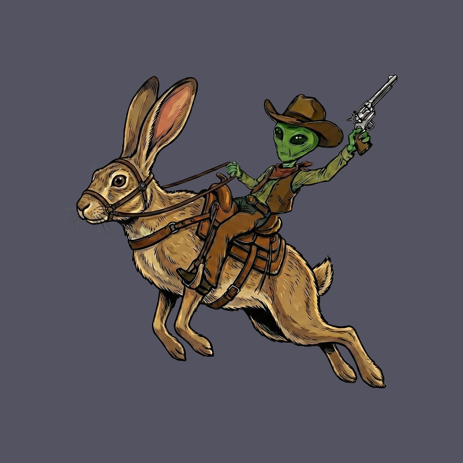 Close-up of the Alien Cowboy Jack Rabbit design on a Heather Navy tee