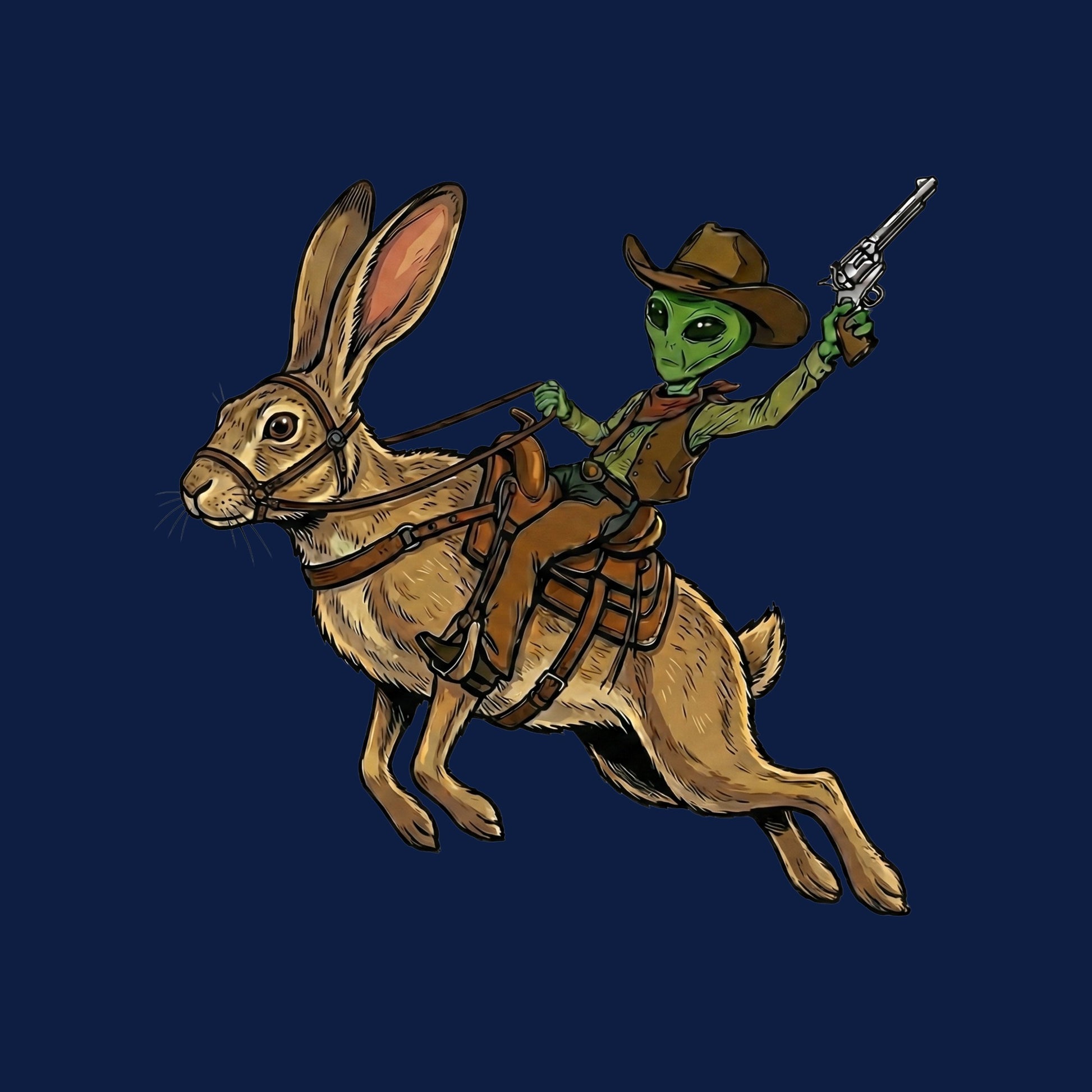 Close-up of the Alien Cowboy on a Desert Hare design on a Heather Navy V-neck tee