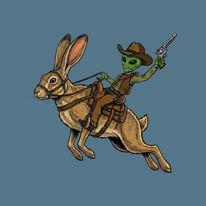 Close-up of the Alien Cowboy on a Desert Hare design on a Heather Slate V-neck tee