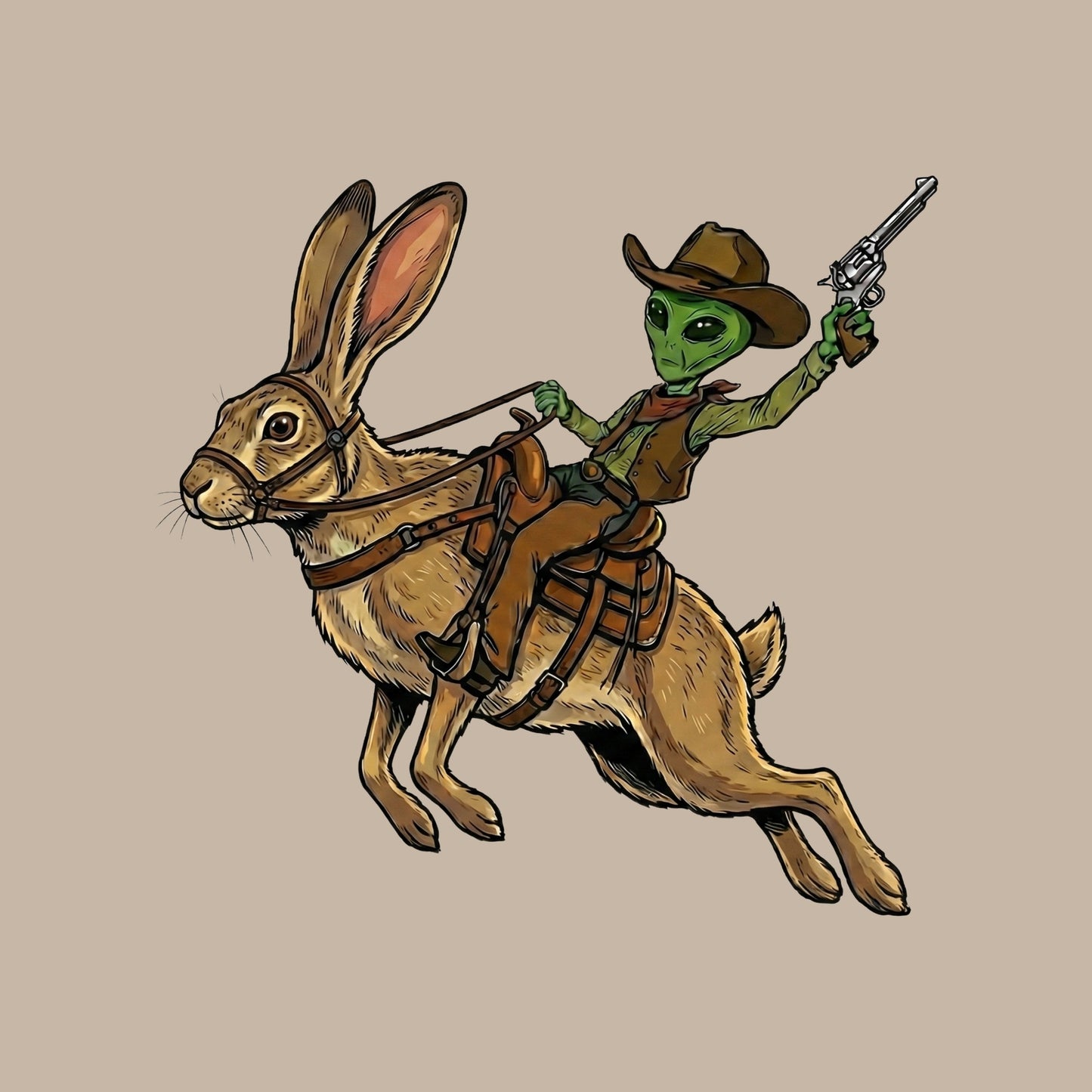 Close-up of the Alien Cowboy Jack Rabbit design on a Heather Stone tee