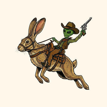 Close-up of the Alien Cowboy Jack Rabbit design on a Natural tee