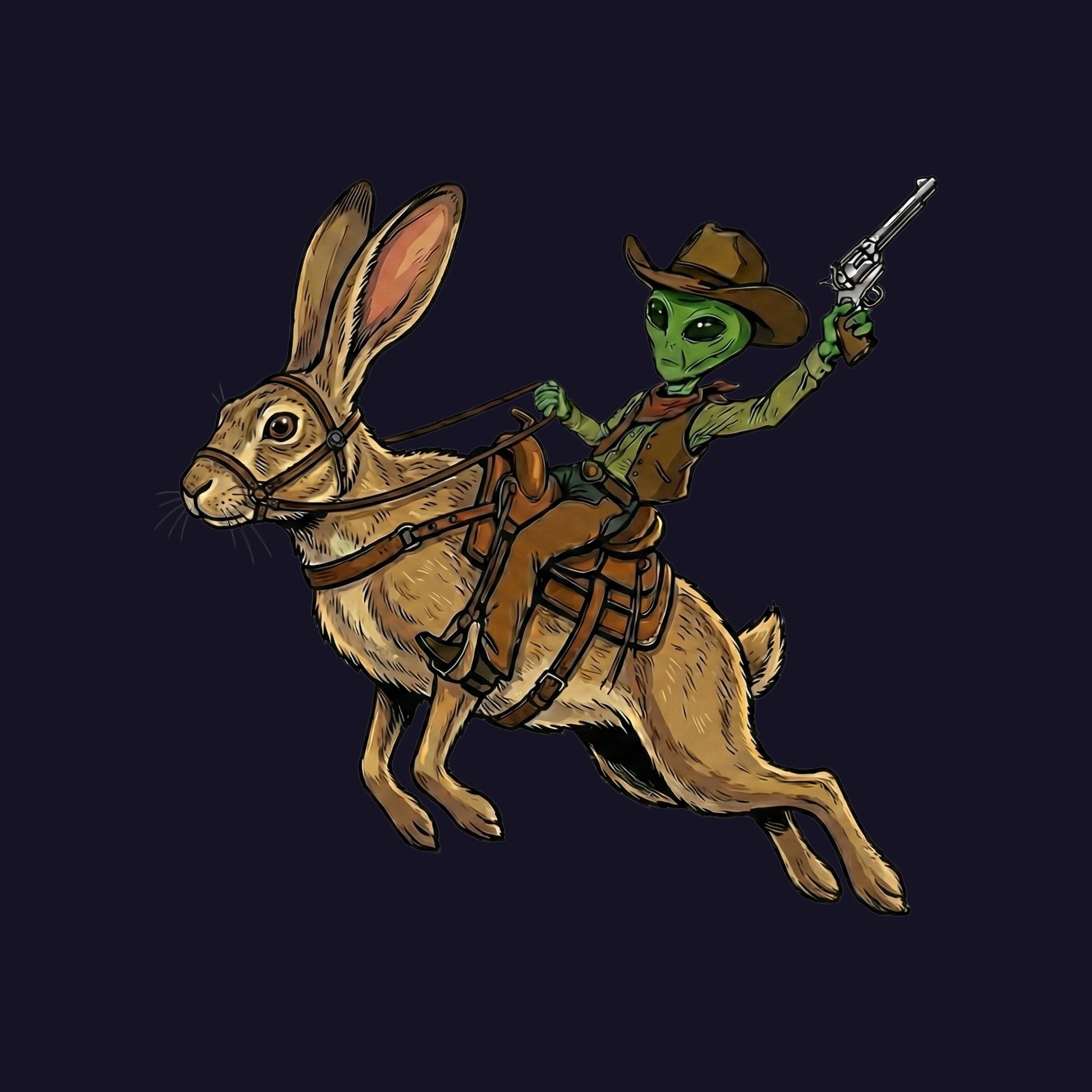 Close-up of the Alien Cowboy Jack Rabbit design on a Navy tee