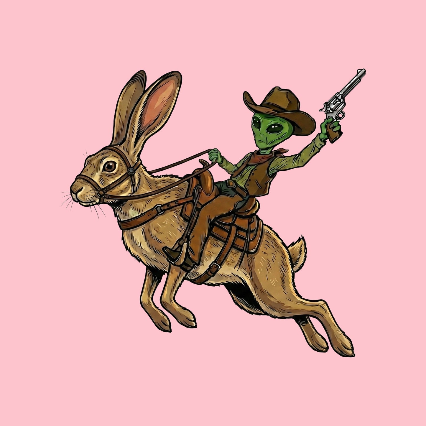 Close-up of the Alien Cowboy Jack Rabbit design on a Pink tee