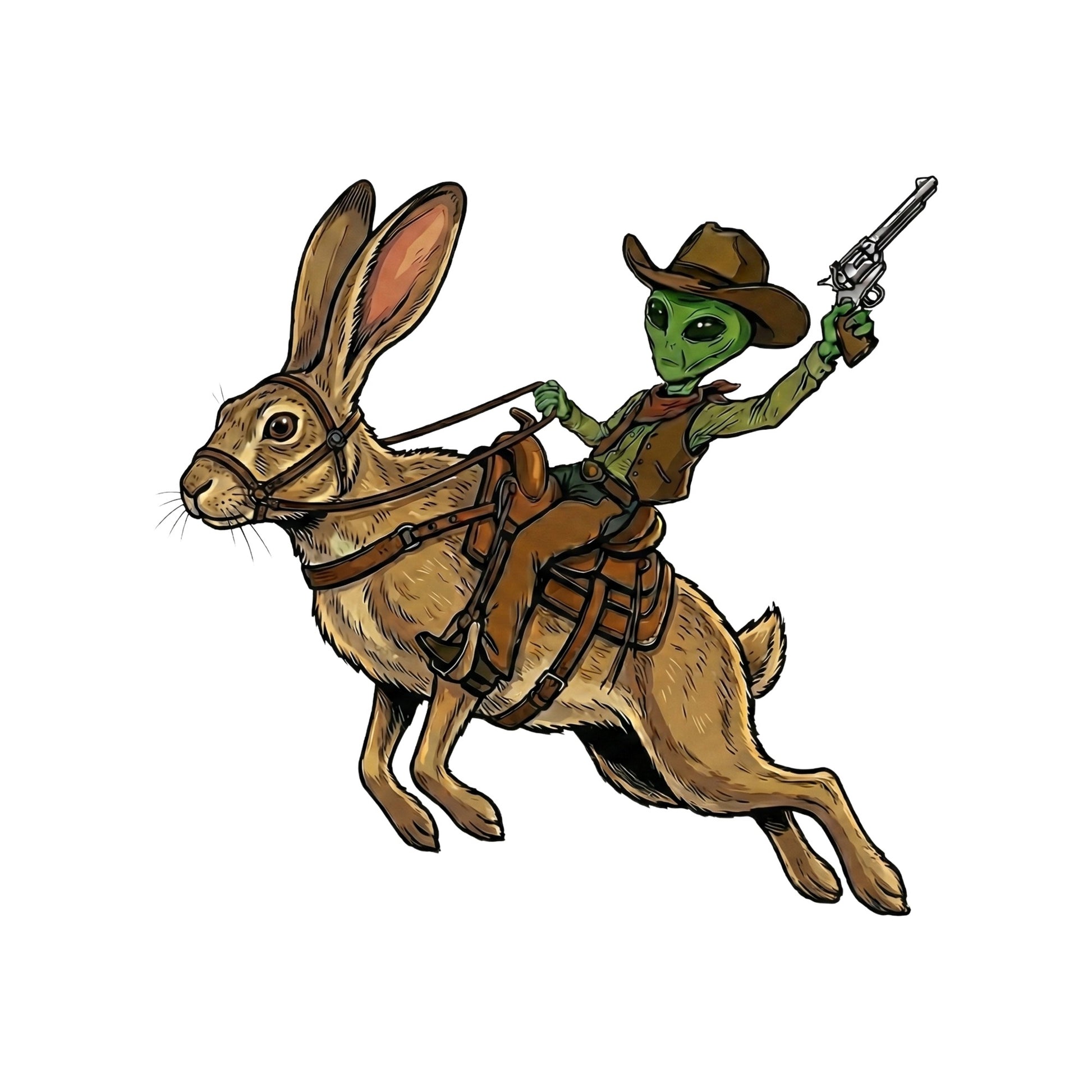 Close-up of the Alien Cowboy on a Desert Hare design on a Solid White Blend V-neck tee