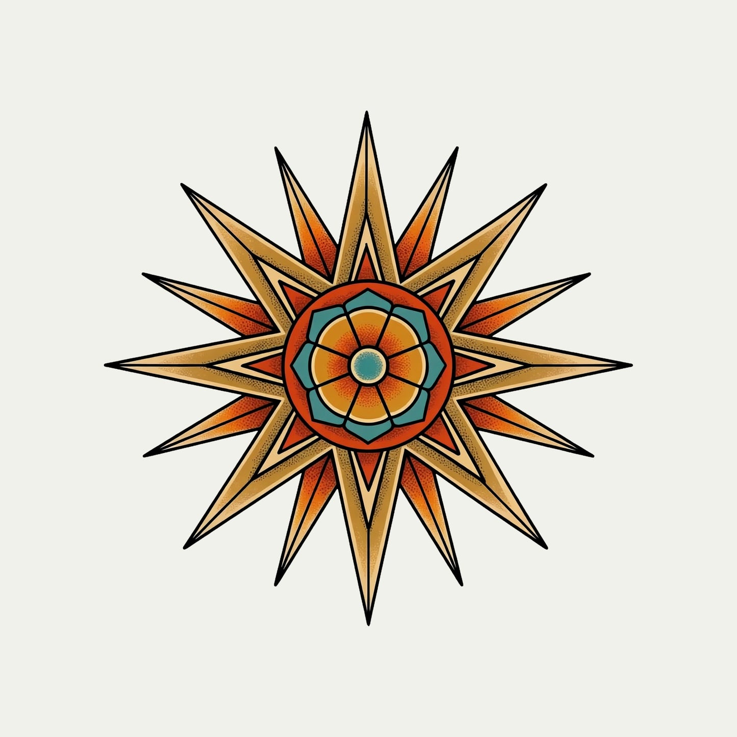 Close-up of the Compass Star Mandala design on an Ash tee