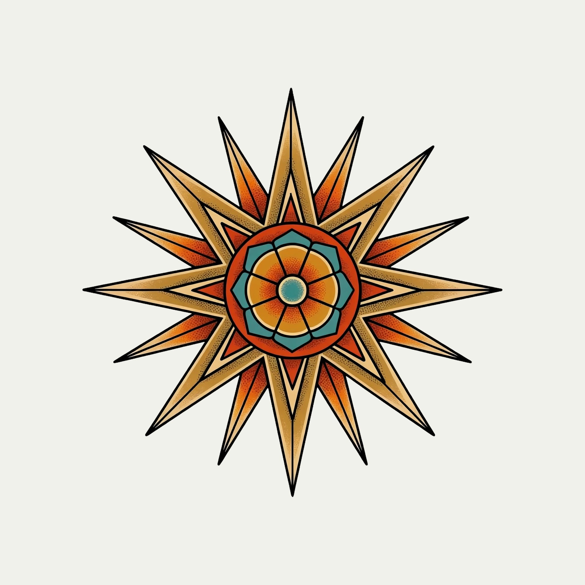 Close-up of the Compass Star Mandala design on an Ash tee