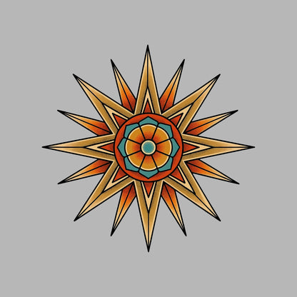 Close-up of the Desert Mandala Star design on an Athletic Heather tee