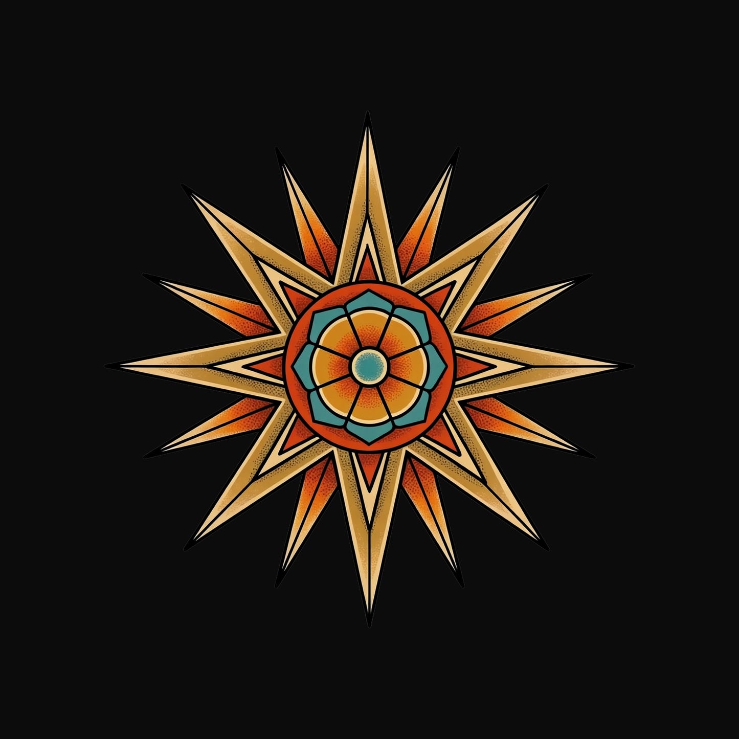 Close-up of the Compass Star Mandala design on a Black tee