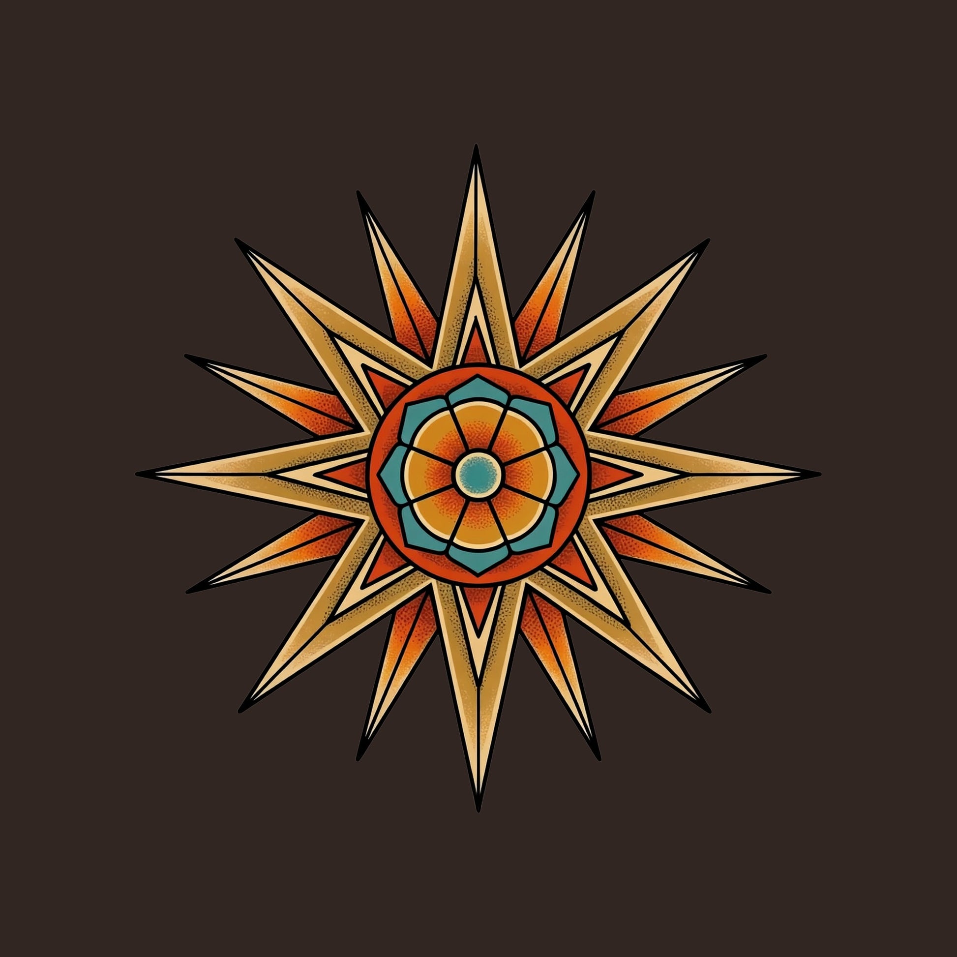 Close-up of the Compass Star Mandala design on a Brown tee