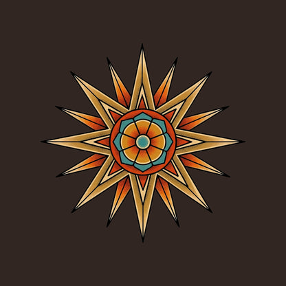 Close-up of the Compass Star Mandala design on a Brown tee