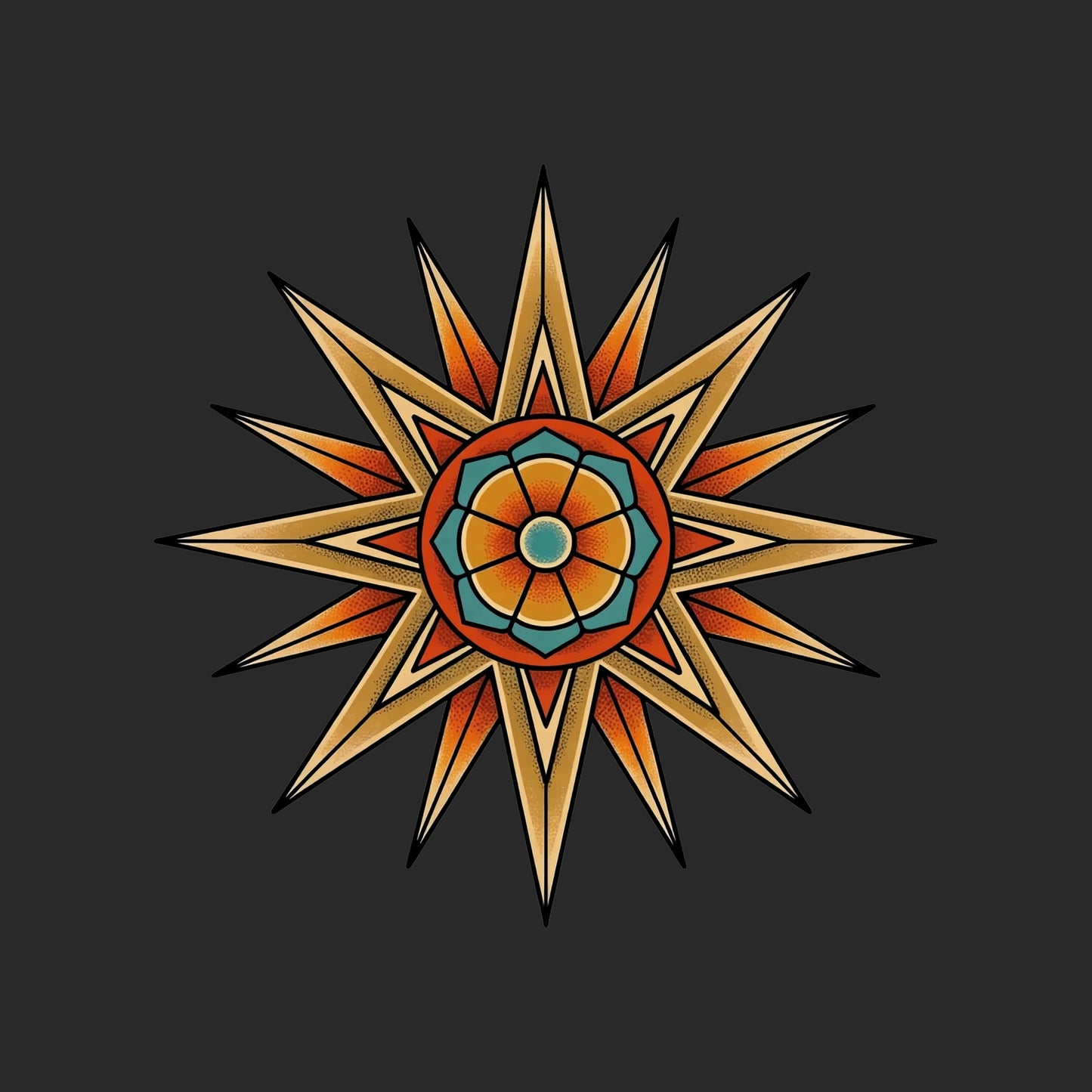 Close-up of the Compass Star Mandala design on a Dark Grey tee