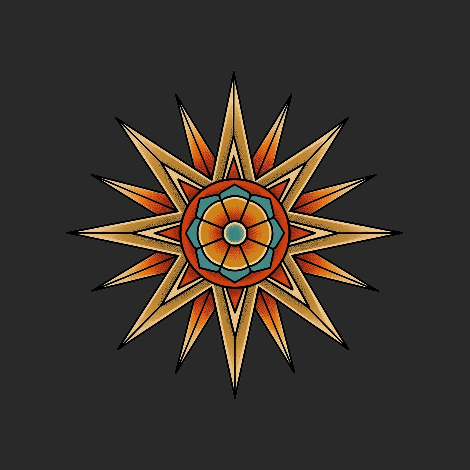 Close-up of the Compass Star Mandala design on a Dark Grey tee
