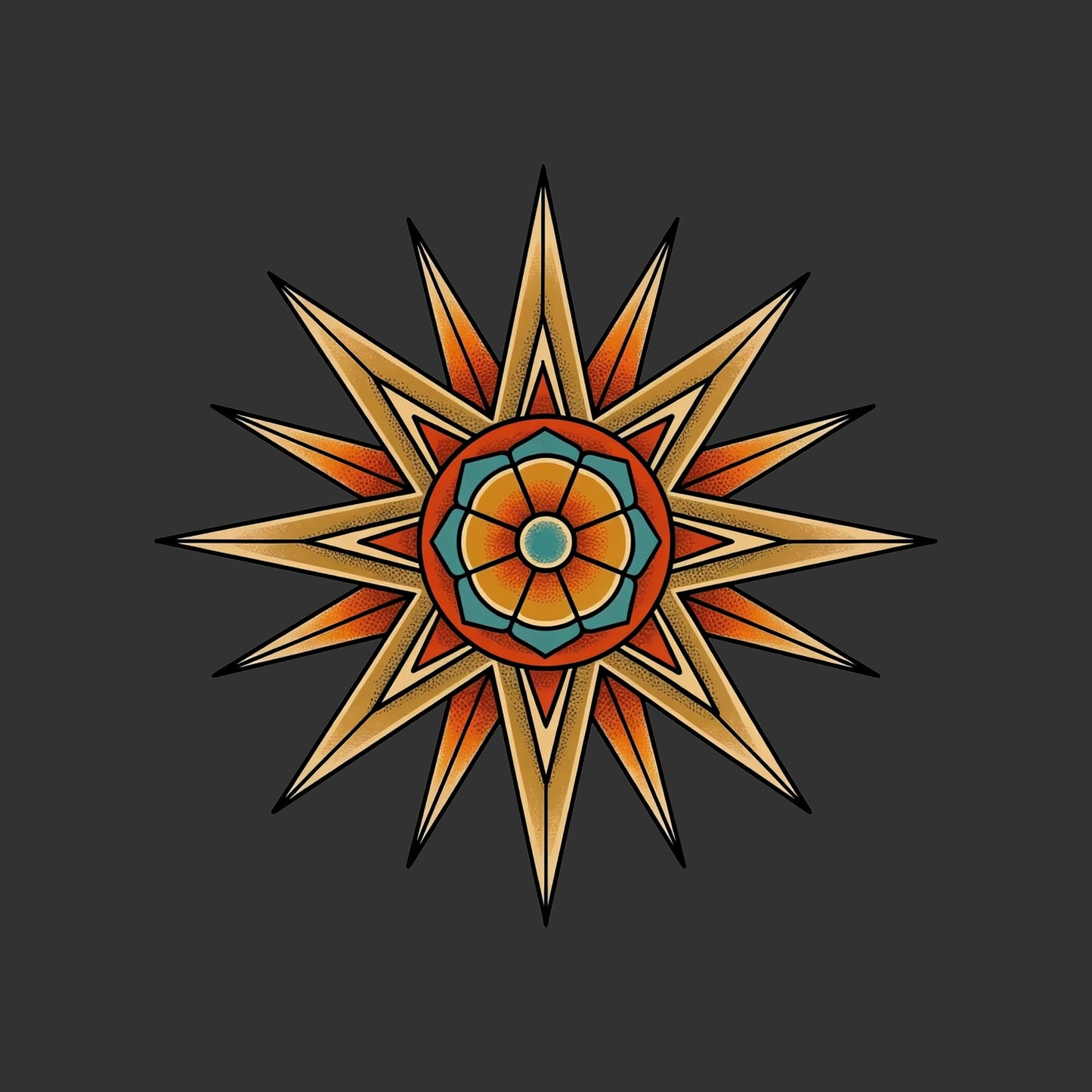 Close-up of the Desert Mandala Star design on a Dark Grey Heather tee