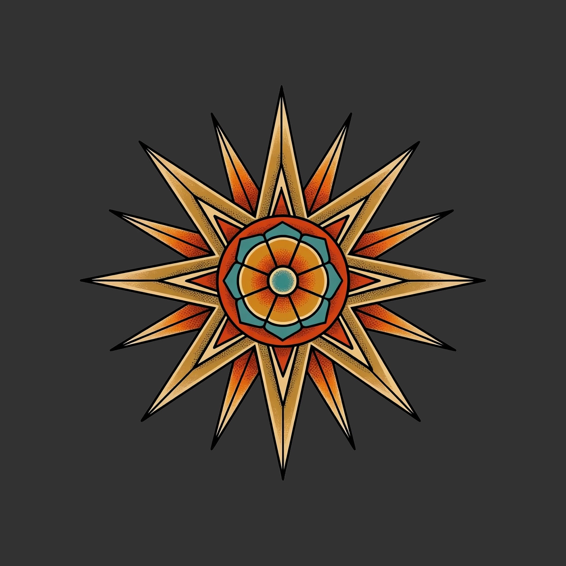 Close-up of the Desert Mandala Star design on a Dark Grey Heather tee