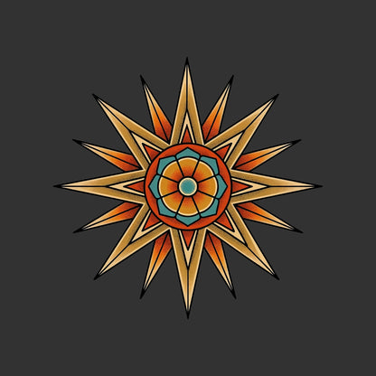 Close-up of the Desert Mandala Star design on a Dark Grey Heather tee