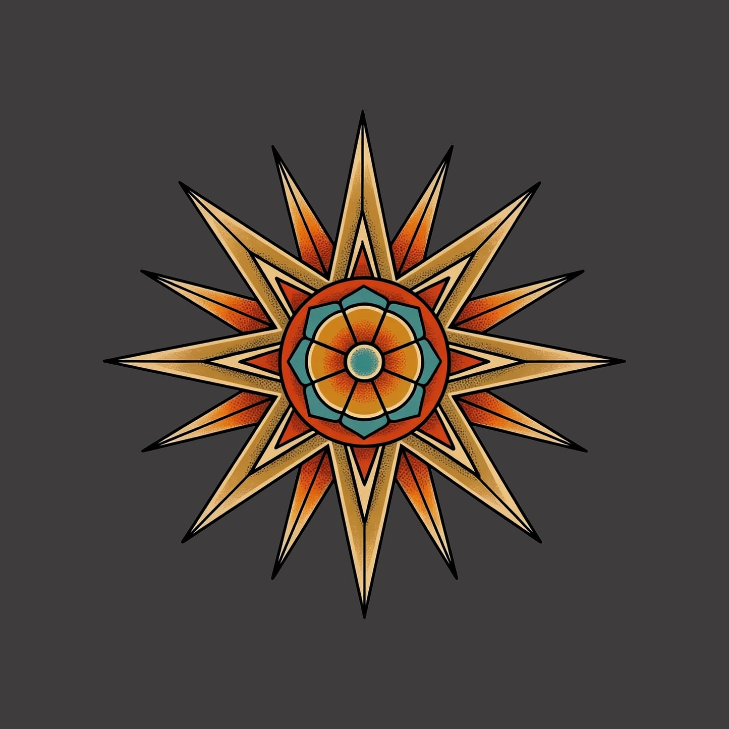 Close-up of the Compass Star Mandala design on a Dark Grey Heather tee