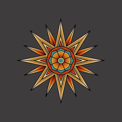 Close-up of the Compass Star Mandala design on a Dark Grey Heather tee