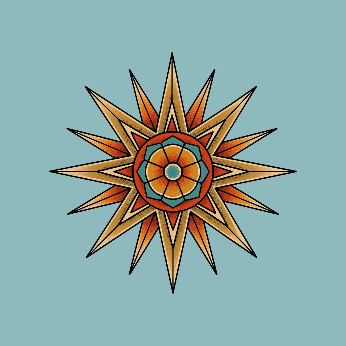 Close-up of the Desert Mandala Star design on a Heather Blue Lagoon tee