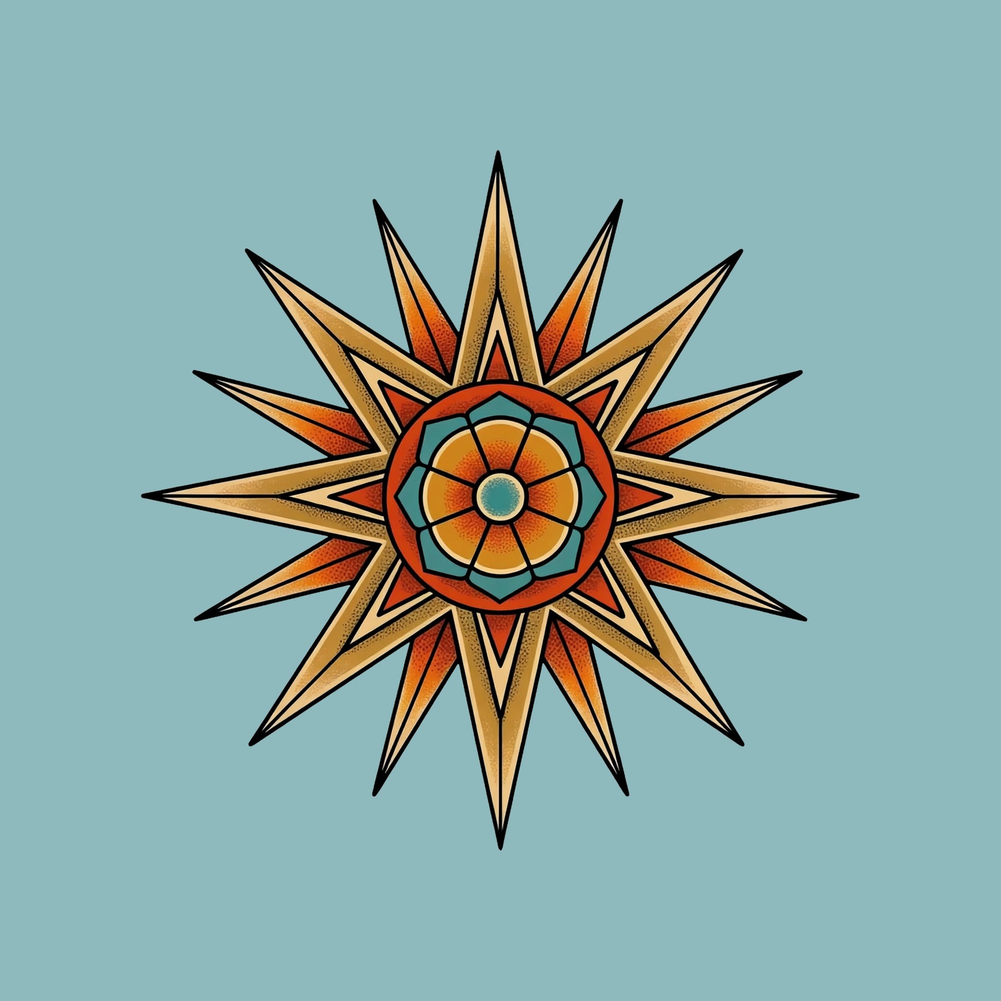 Close-up of the Desert Mandala Star design on a Heather Blue Lagoon tee