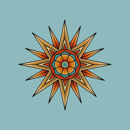 Close-up of the Desert Mandala Star design on a Heather Blue Lagoon tee