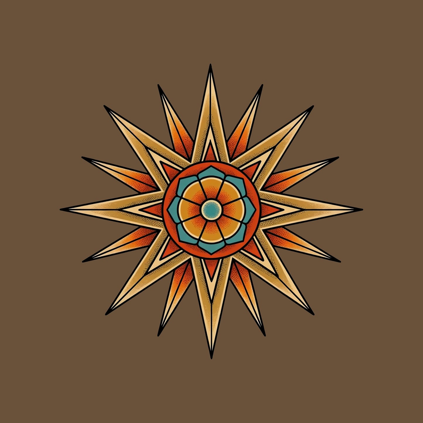 Close-up of the Compass Star Mandala design on a Heather Brown tee