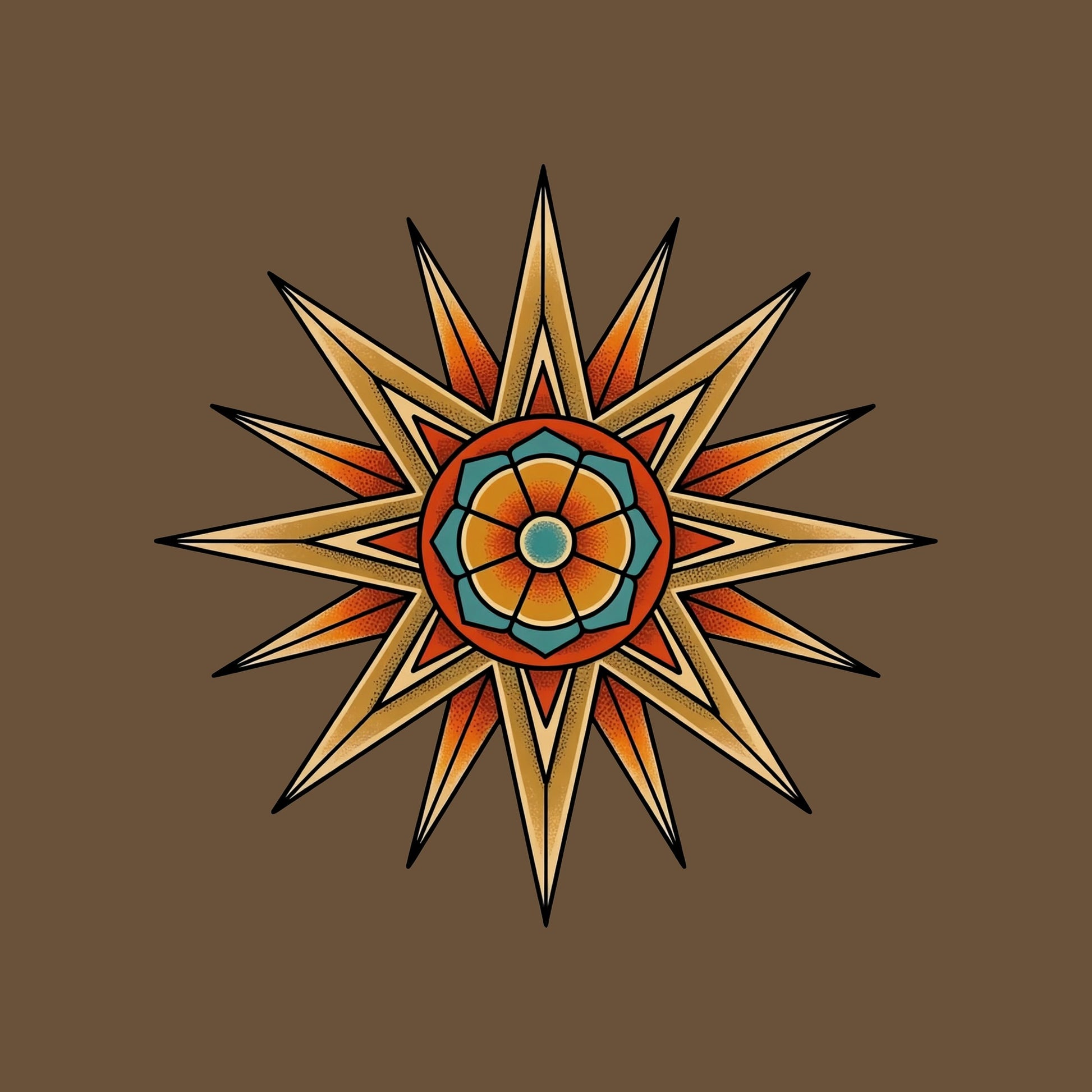 Close-up of the Compass Star Mandala design on a Heather Brown tee