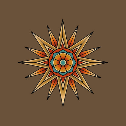 Close-up of the Compass Star Mandala design on a Heather Brown tee