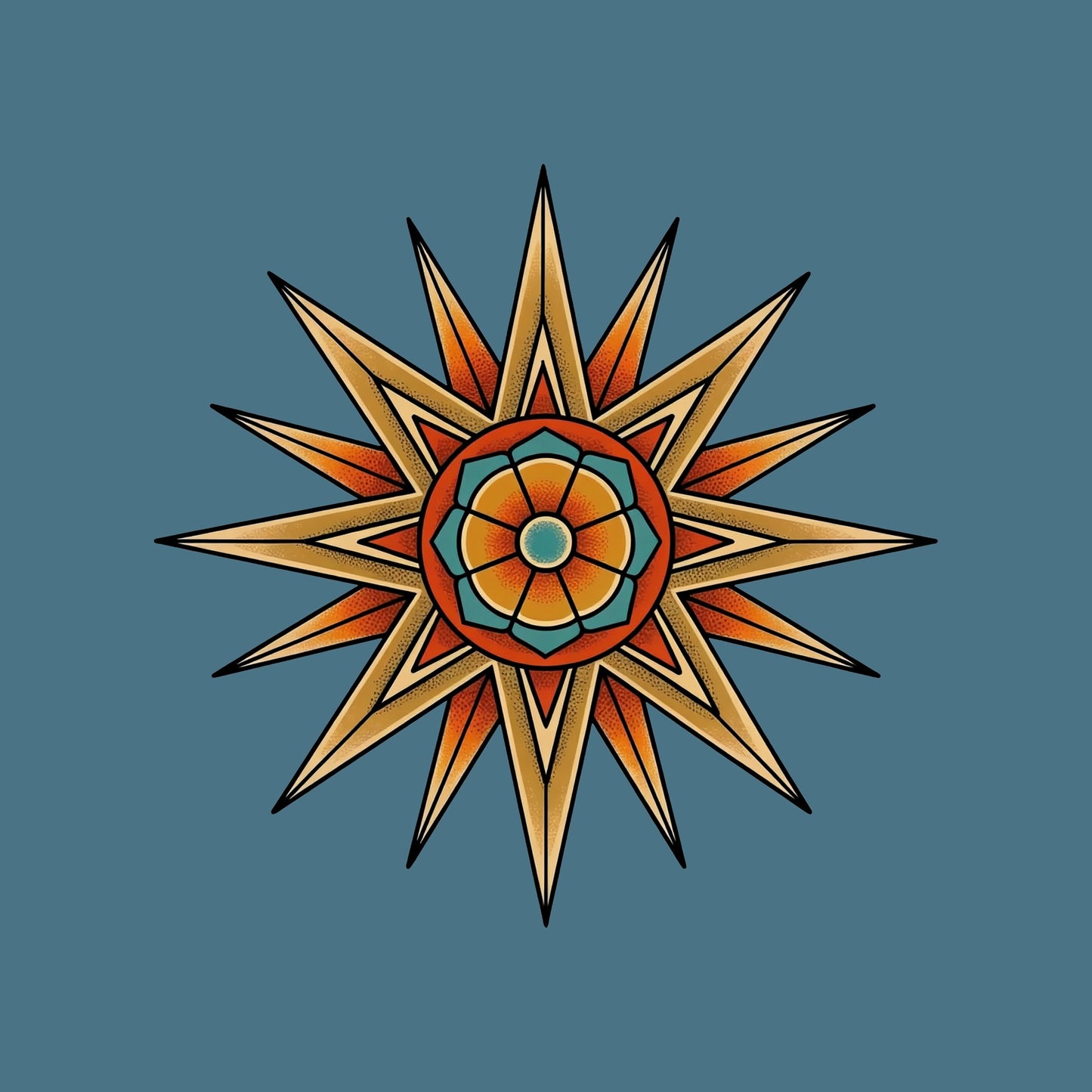 Close-up of the Desert Mandala Star design on a Heather Deep Teal tee