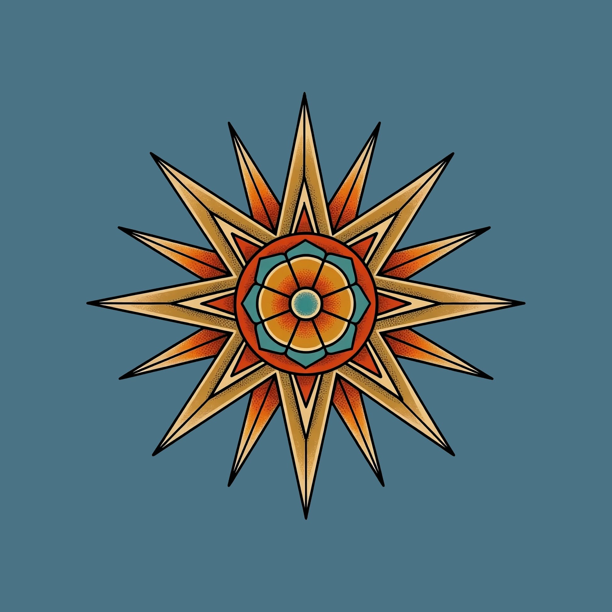 Close-up of the Desert Mandala Star design on a Heather Deep Teal tee