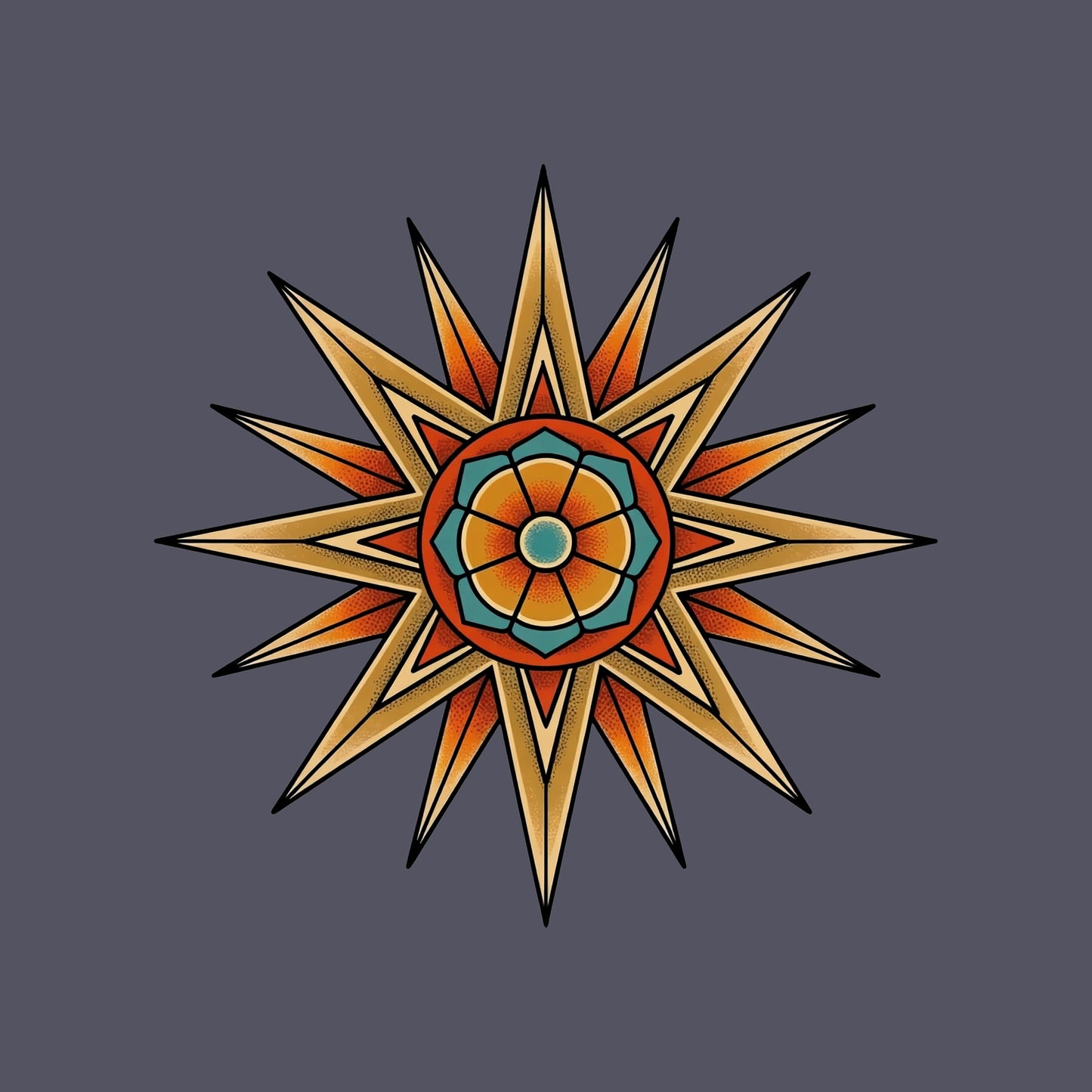 Close-up of the Desert Mandala Star design on a Heather Navy tee