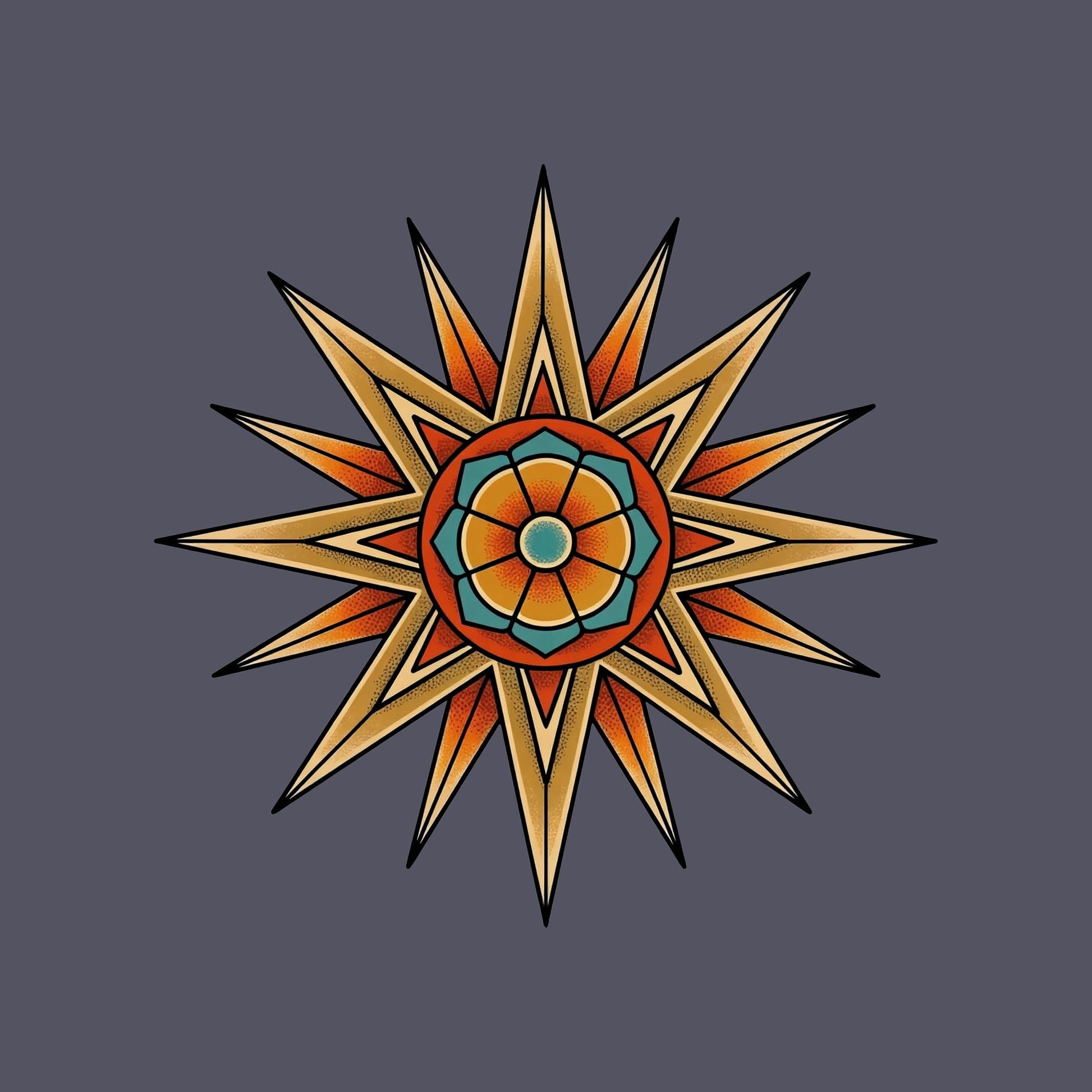 Close-up of the Desert Mandala Star design on a Heather Navy tee