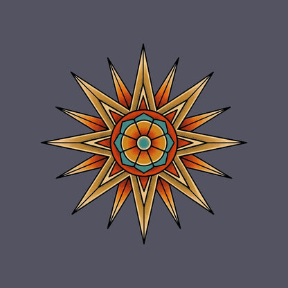 Close-up of the Desert Mandala Star design on a Heather Navy tee