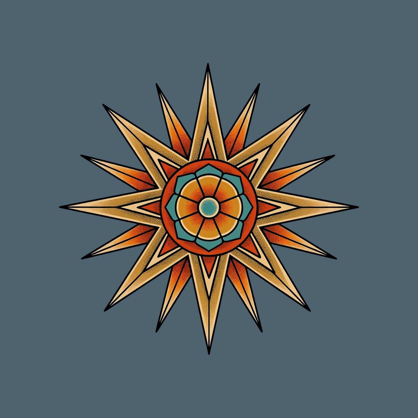 Close-up of the Compass Star Mandala design on a Heather Slate tee