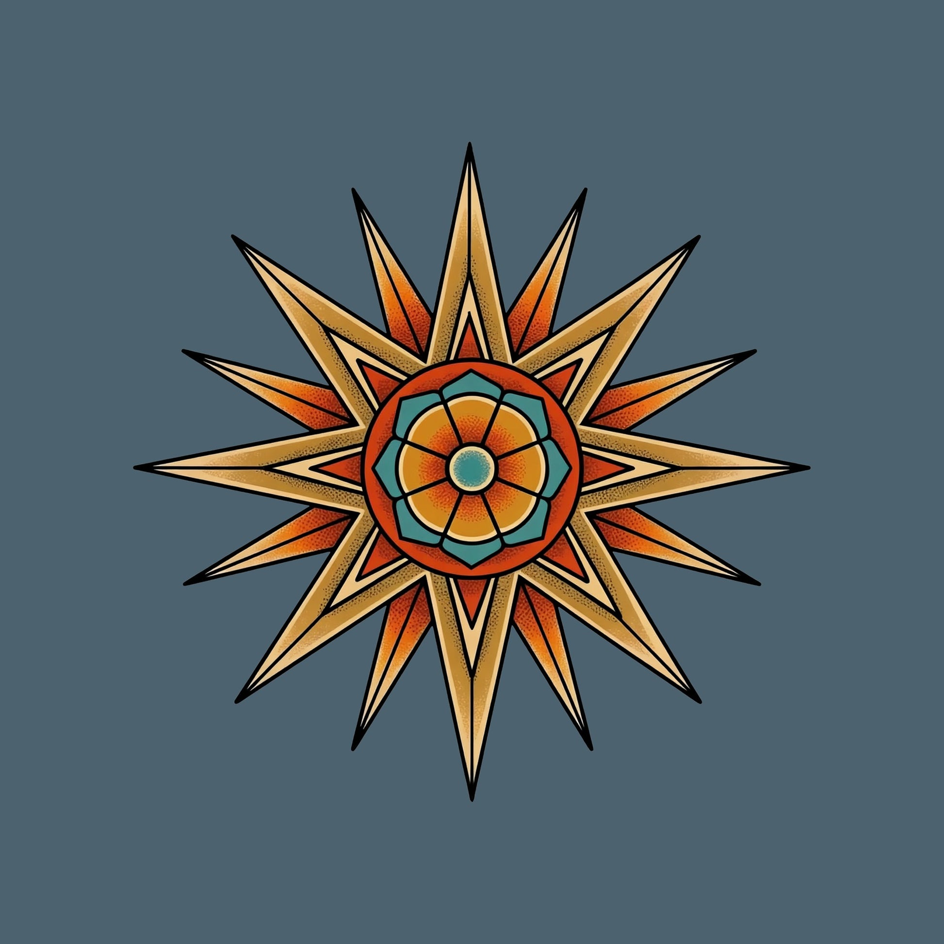 Close-up of the Compass Star Mandala design on a Heather Slate tee