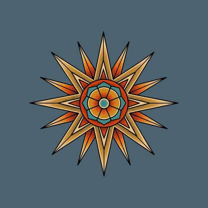 Close-up of the Compass Star Mandala design on a Heather Slate tee