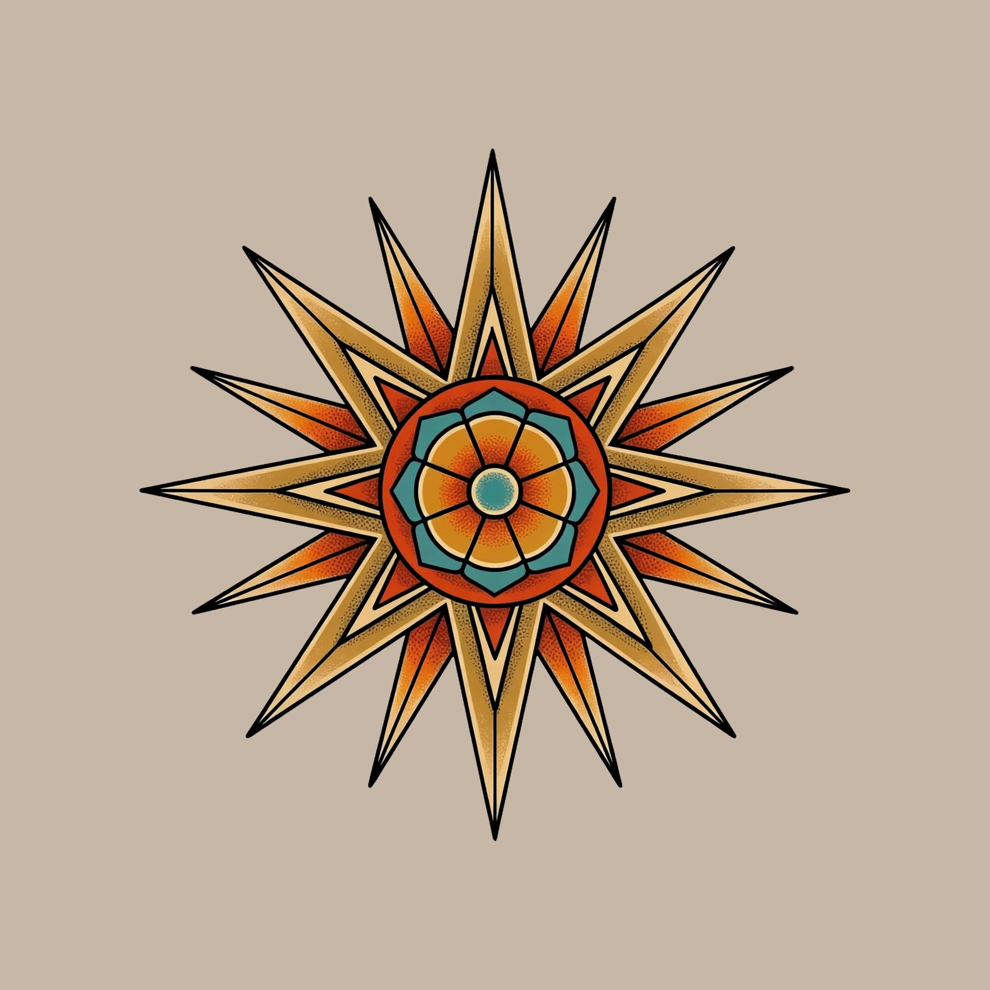 Close-up of the Desert Mandala Star design on a Heather Stone tee