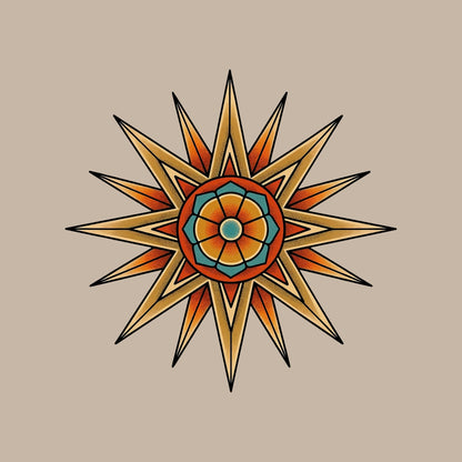 Close-up of the Desert Mandala Star design on a Heather Stone tee