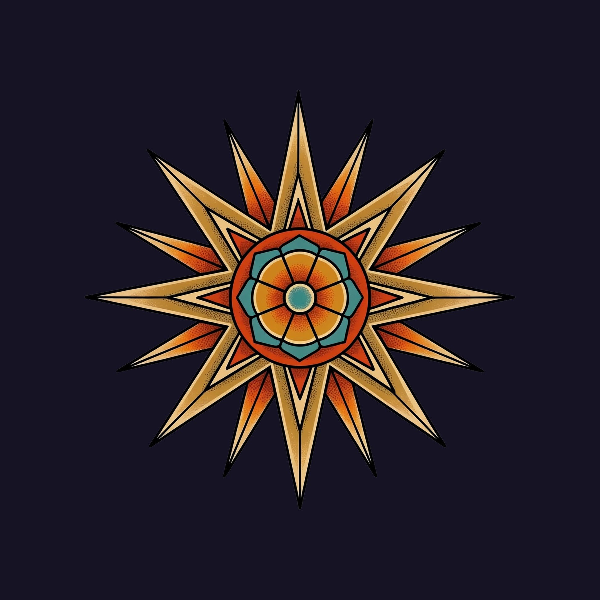 Close-up of the Desert Mandala Star design on a Navy tee