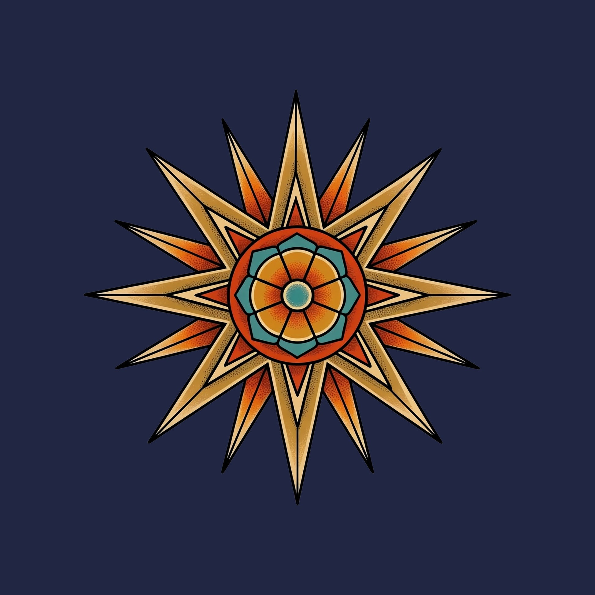 Close-up of the Compass Star Mandala design on a Navy tee