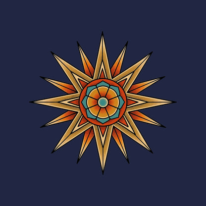 Close-up of the Compass Star Mandala design on a Navy tee