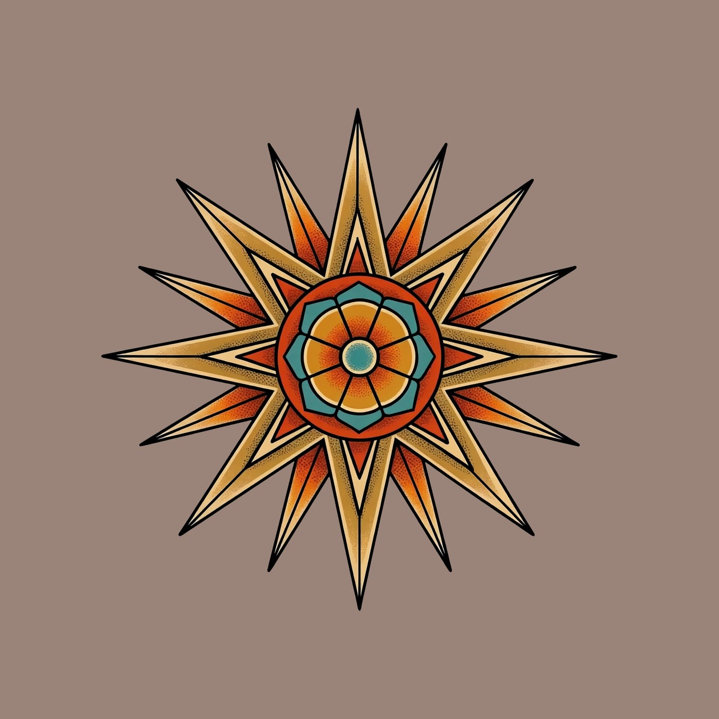 Close-up of the Compass Star Mandala design on a Pebble tee