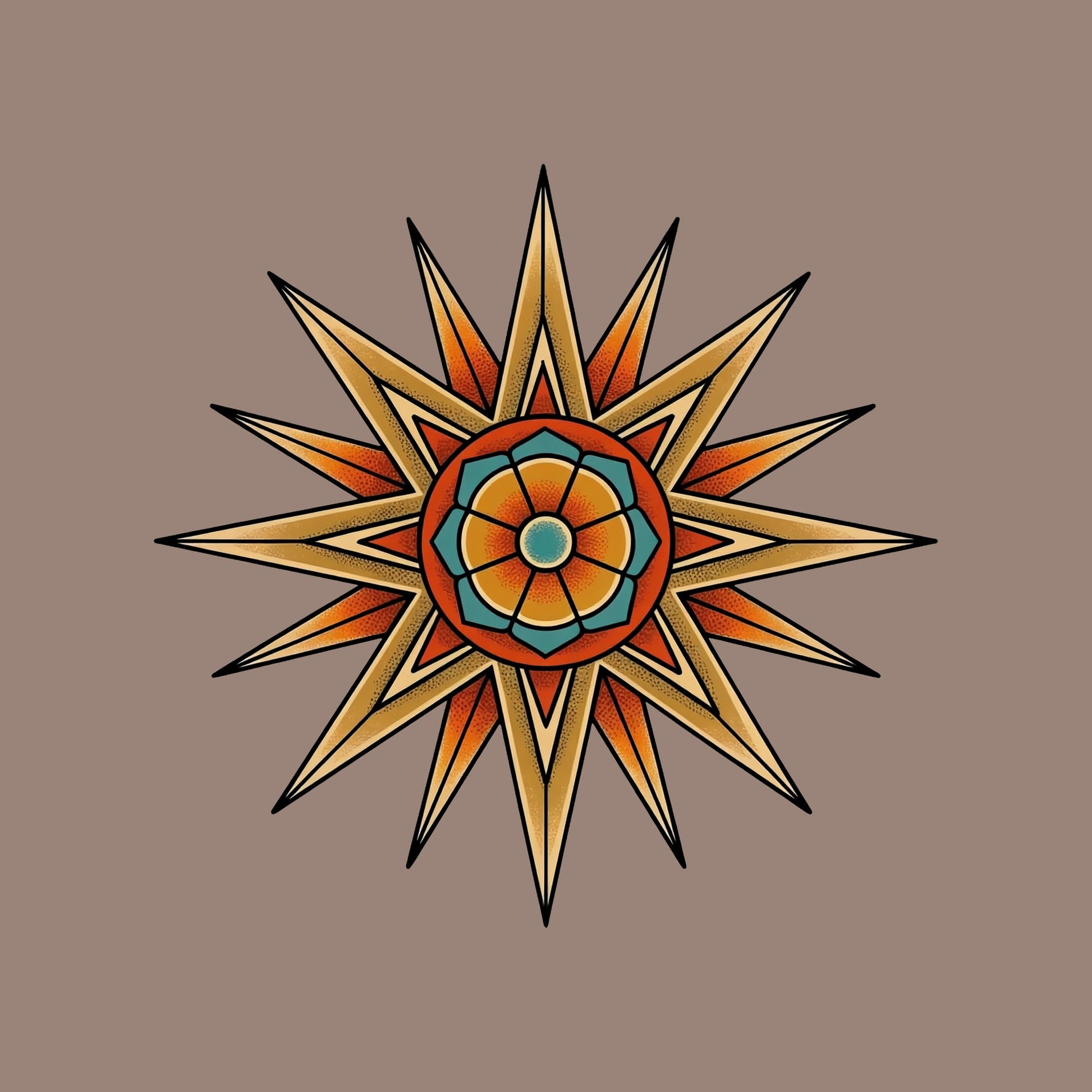 Close-up of the Compass Star Mandala design on a Pebble tee
