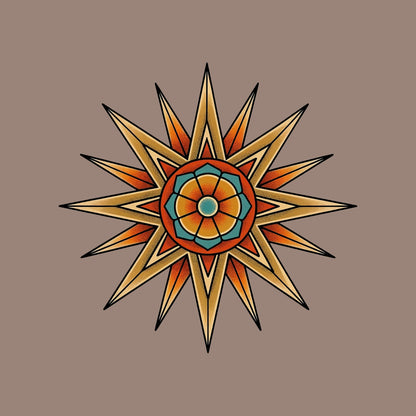Close-up of the Compass Star Mandala design on a Pebble tee