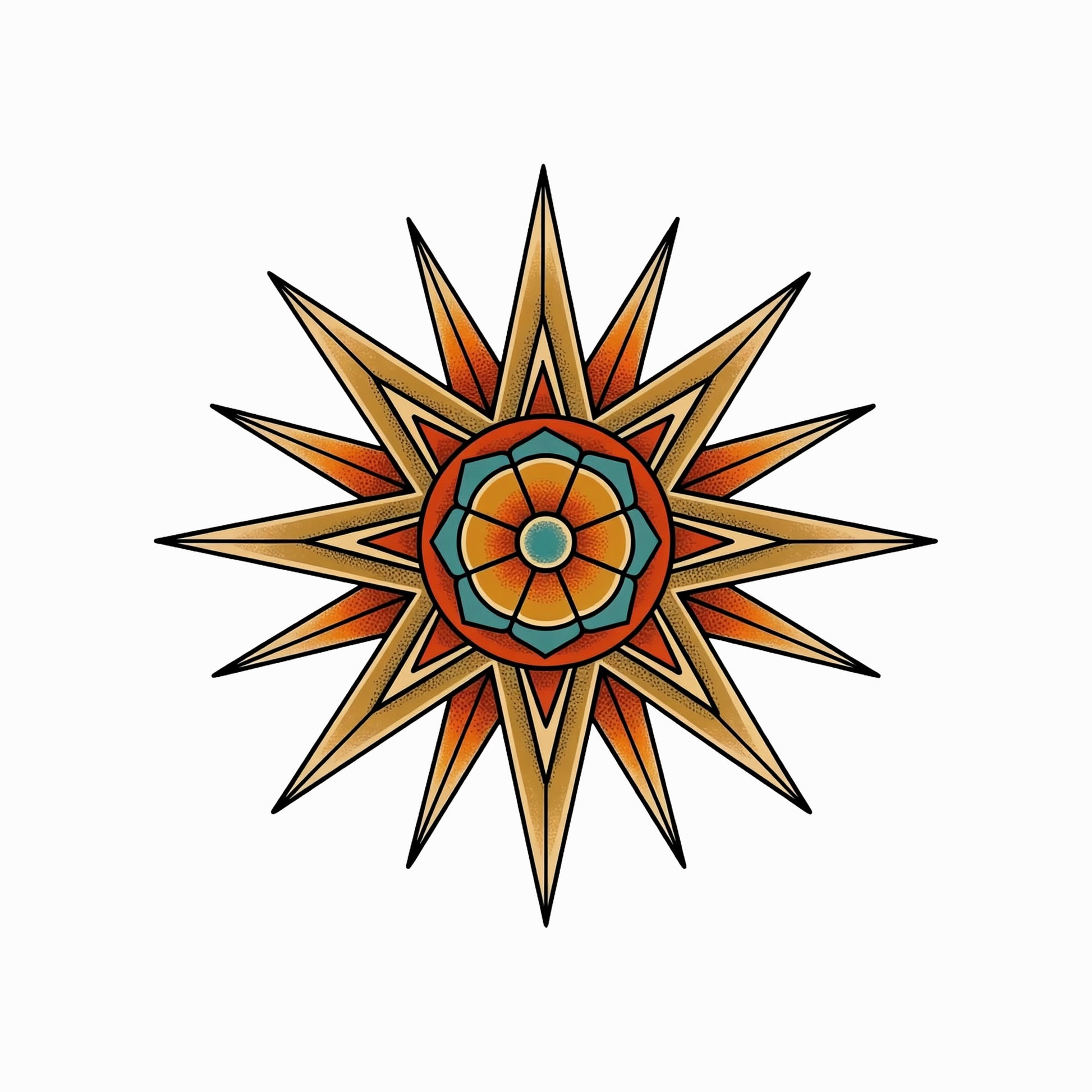 Close-up of the Compass Star Mandala design on a Solid White Blend tee
