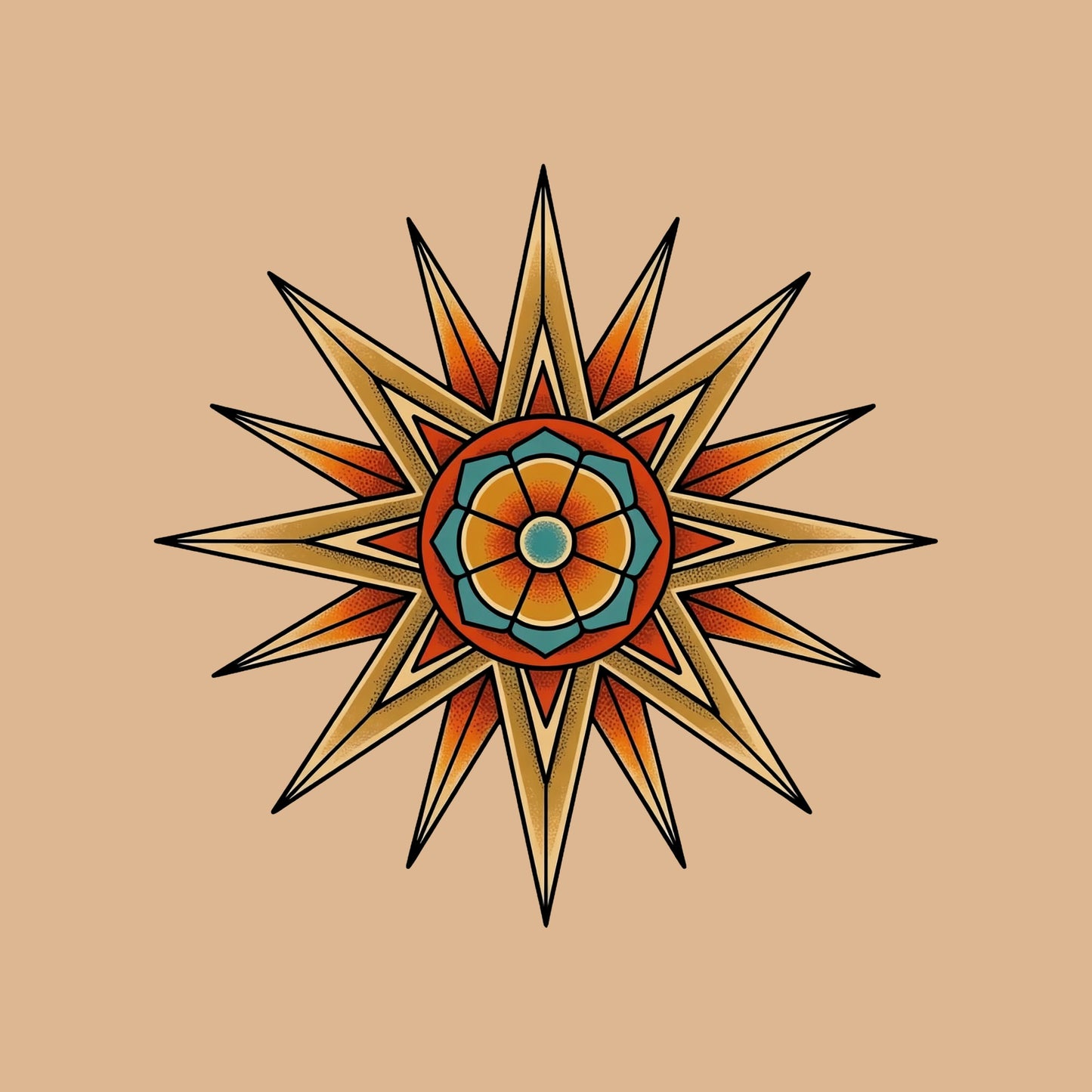 Close-up of the Compass Star Mandala design on a Tan tee